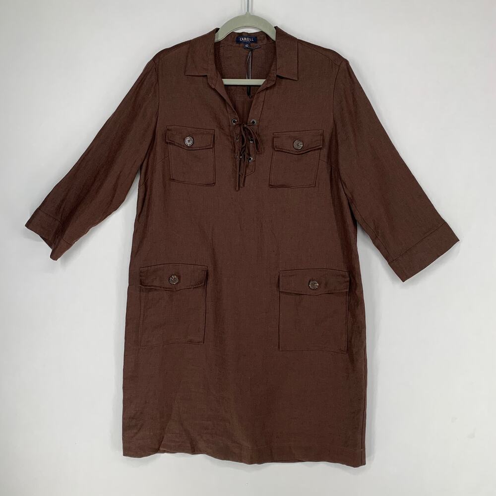 Caroll Women Dress 42 Brown Linen Tunic Woxen Lagenlook Funky Artsy Natural